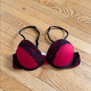 Red Lace-Trim Push-Up Bra with Black Accents
